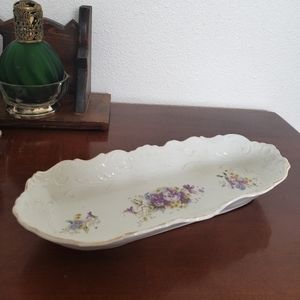 Vintage Oval Oblong Floral Serving  Porcelain Bowl Dish Scalloped with Gold Trim